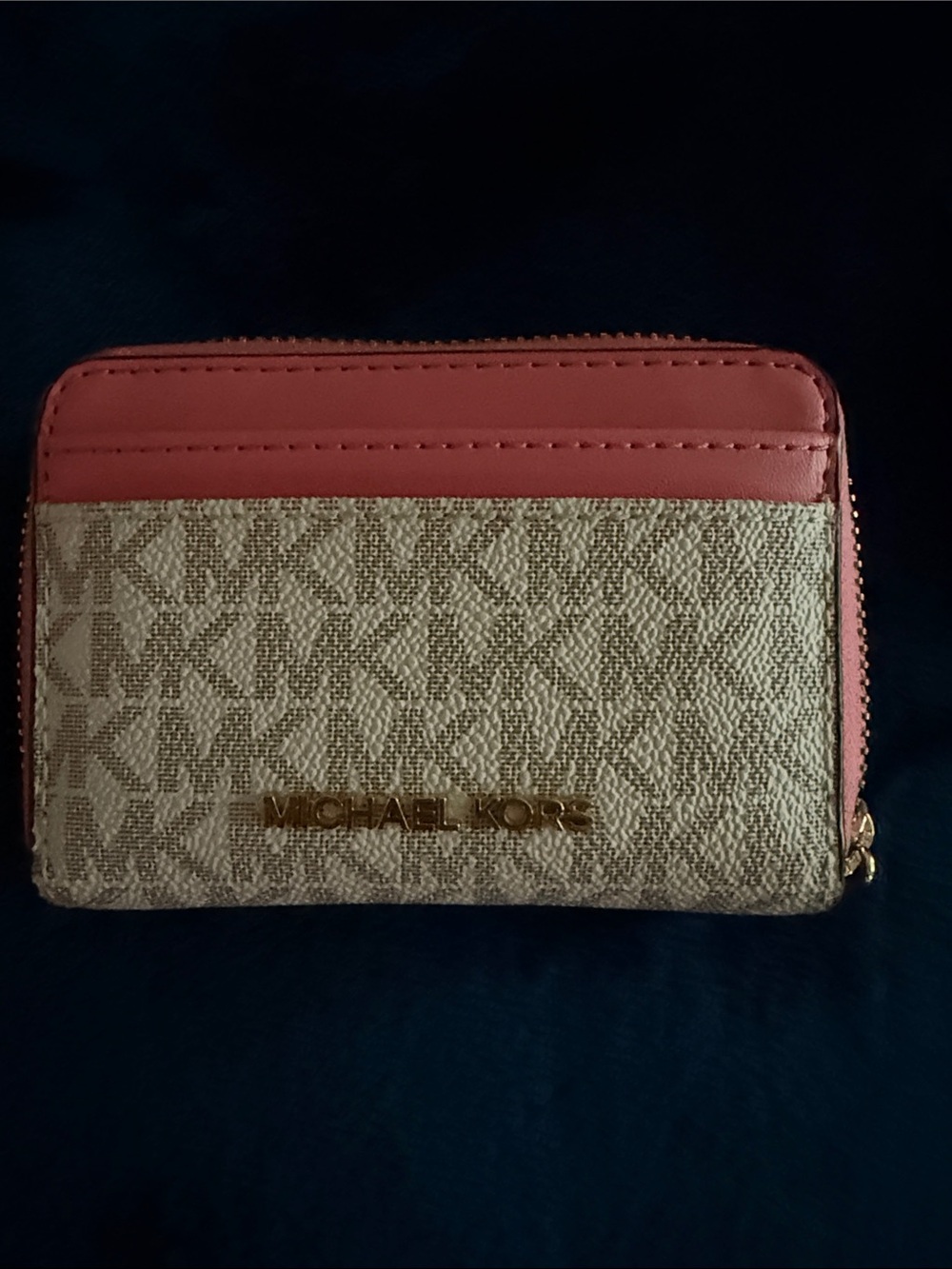 Michael Kors Pink and Beige MK Logo Zip Wallet with Gold Hardware